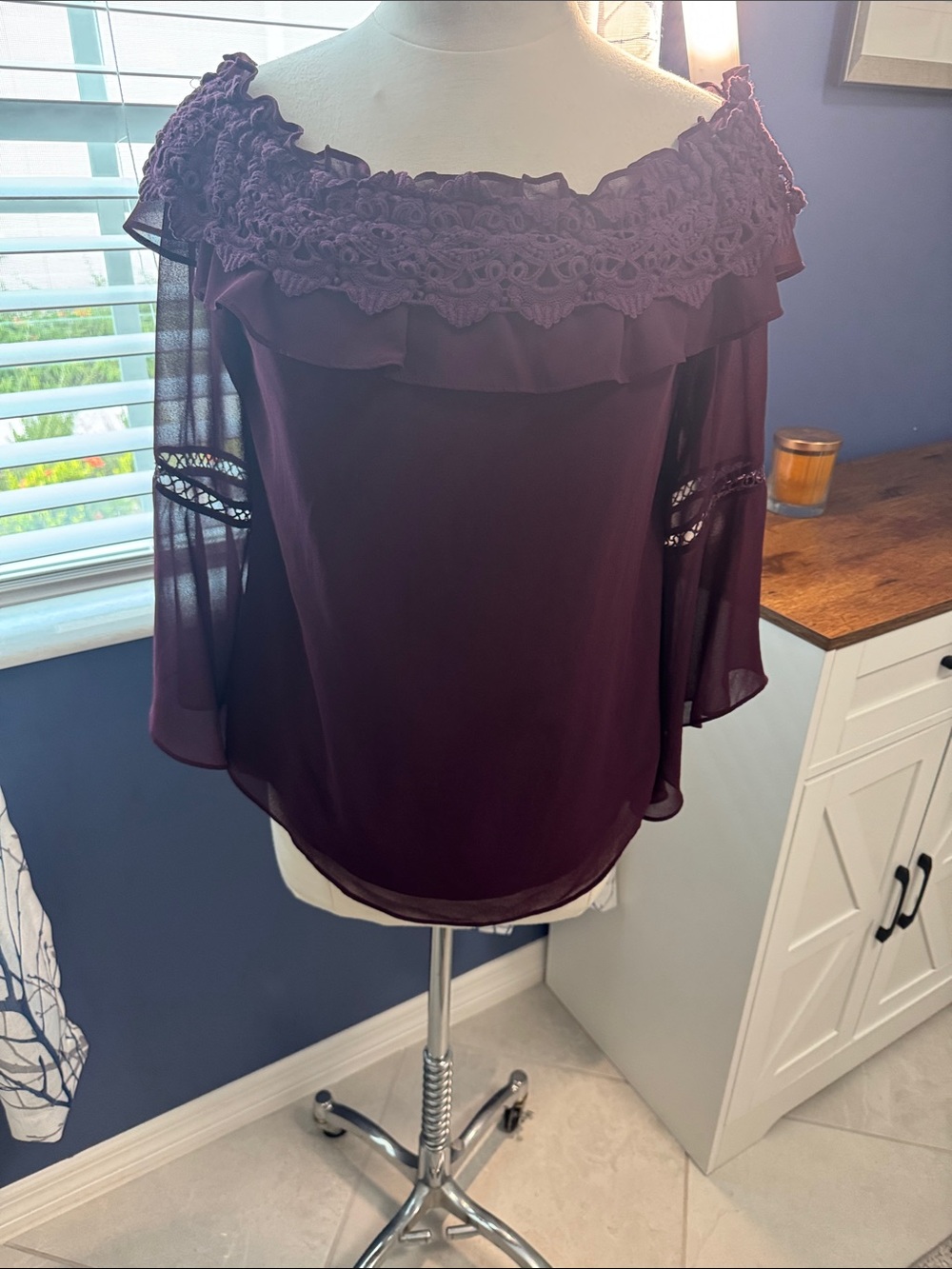 White House Black Market Off-Shoulder Floral Lace Ruffle Blouse - Deep Plum